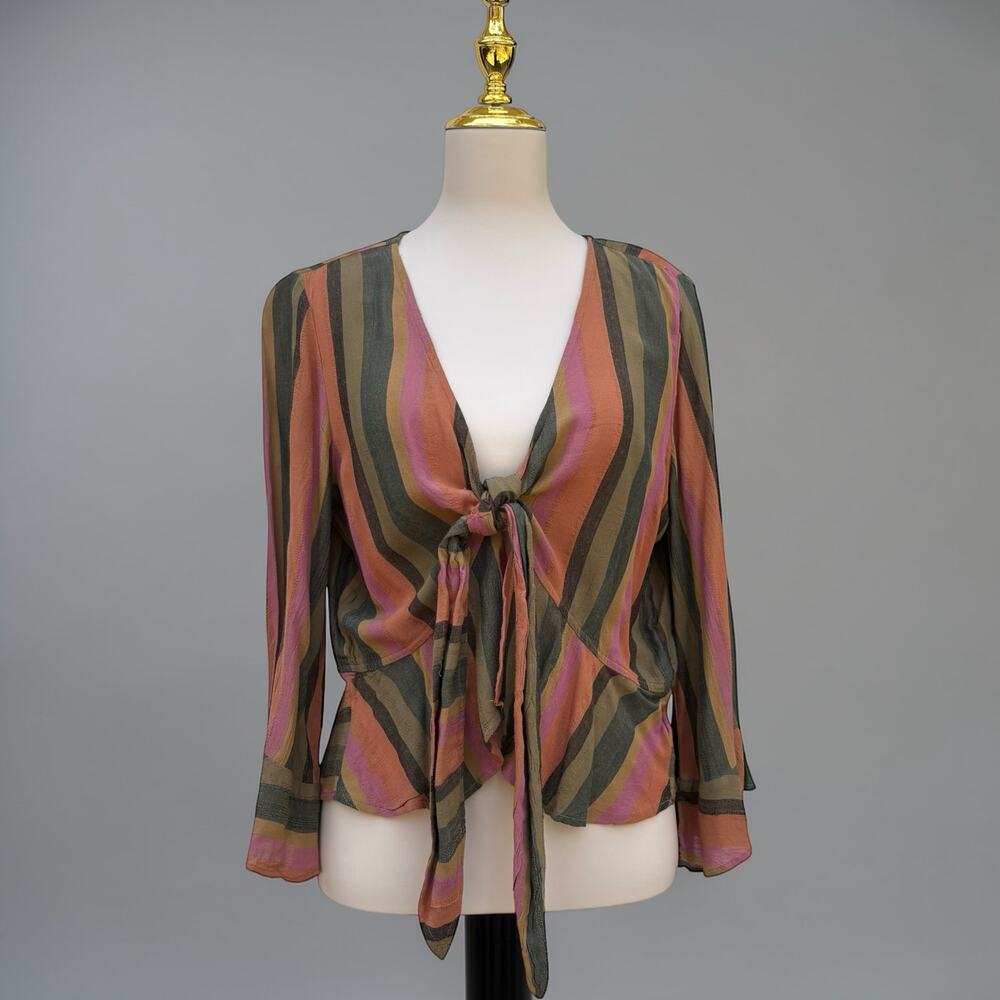 American Eagle Striped Tie Front Boho Shrug Top Long Flutter Bell Sleeve Size M